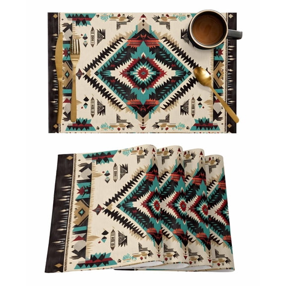 Boho Red Teal Brown Placemats Set of 6, Southwestern Country Geometric Placemats for Dining Table, Place Mats for Kitchen Tabletop, Waterproof Wipeable Dining Table Mats Set