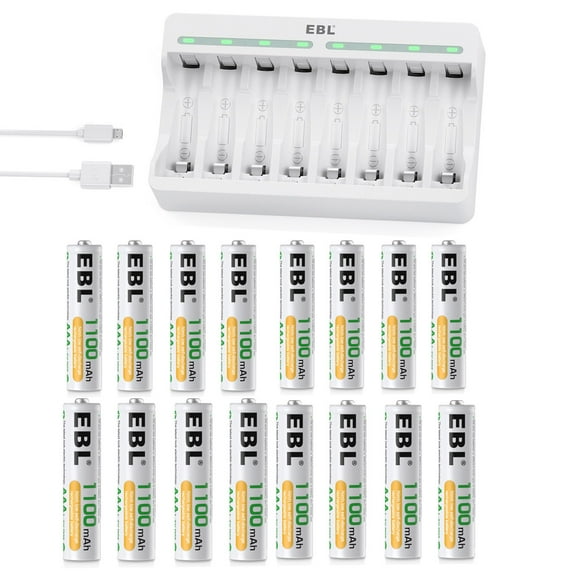 EBL 8 Bay Battery Charger with LCD Screen Fast Charging, AA AAA Battery Charger with 1100mAh NiMH AAA Batteries 16pcs