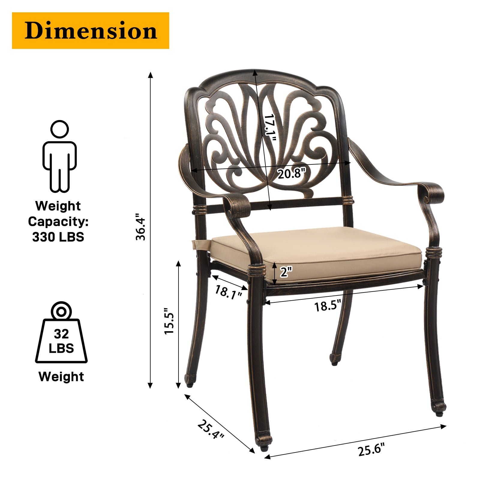 UBesGoo 2 Pcs Patio Dining Chairs, Outdoor All-Weather Cast Aluminum Chairs w/ Cushion,  Patio Bistro Conversation Chairs