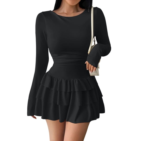 Stichou Womens Spring Long Sleeve Mini Dress Casual Layered Ruffle Hem Short Going Out Dresses Black XS