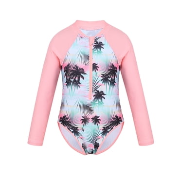 Moggemol Kid Girls One Piece Swimsuit Rash Guard Shirt Long Sleeves Zipper Swimwear UPF 50+ Sun Protection Bathing Suit Pink 16
