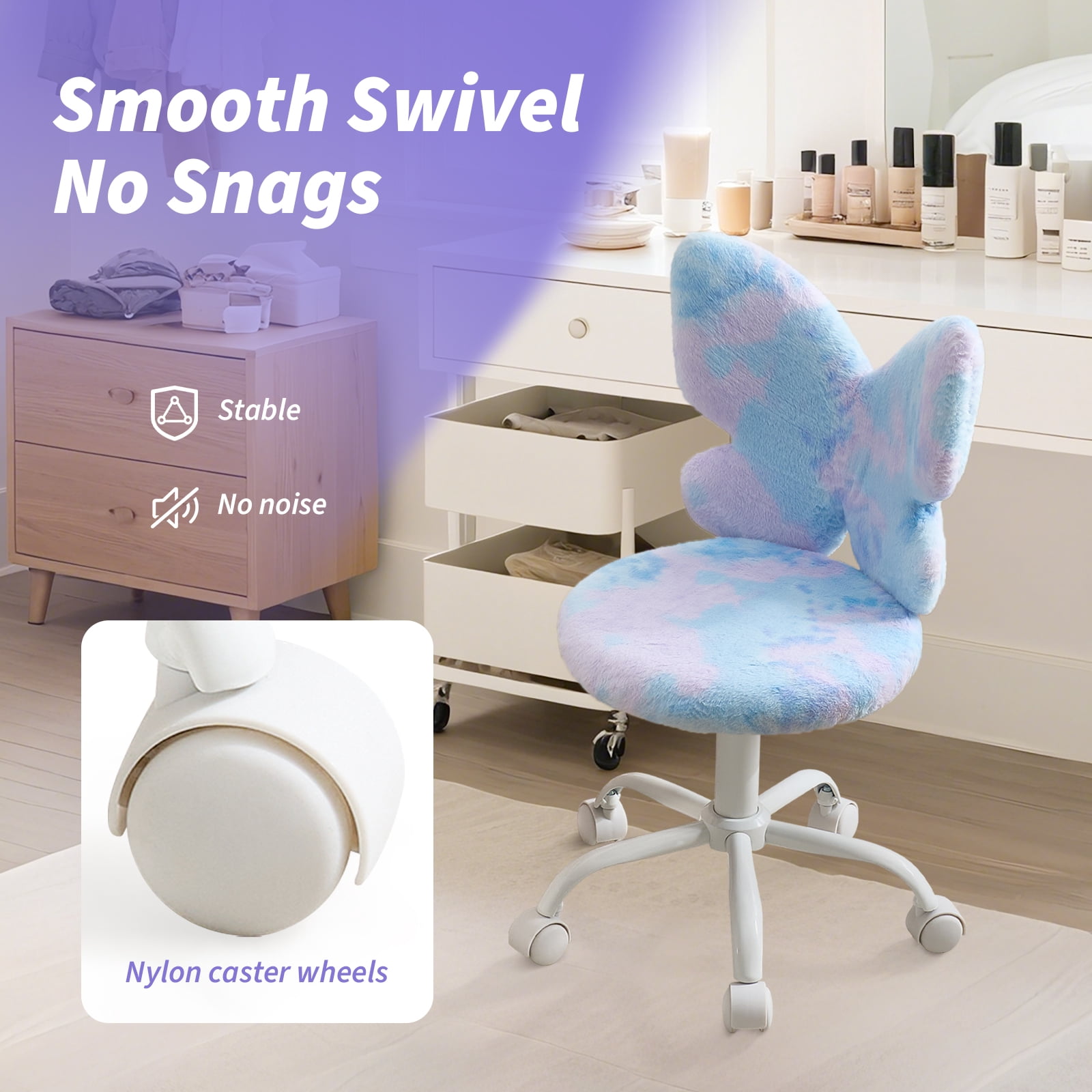 Adorable Butterfly Kids Desk Chair, Comfy Swivel Computer Seat for Girls Room, Fluffy Office Roller Chair for Study Bedroom Reading & Vanity, Blue