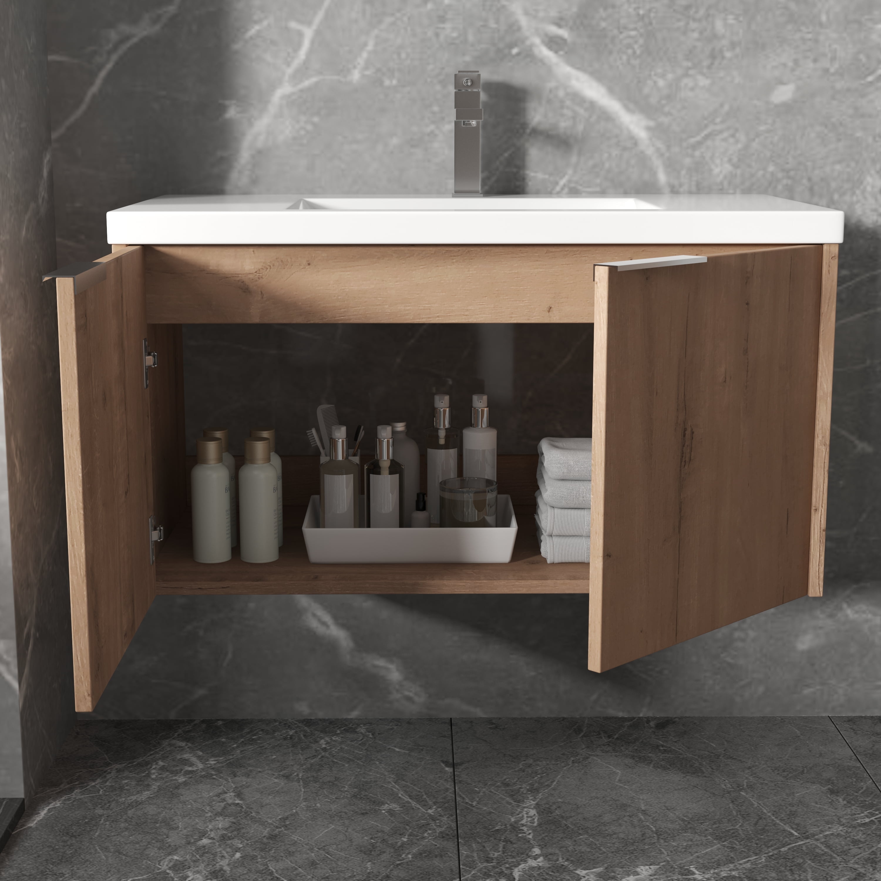Miniyam 36'' Bathroom Vanity Sink Combo, Wall Mounted Cabinet Set w/White Resin Basin Sink Top for Small Space, Oak