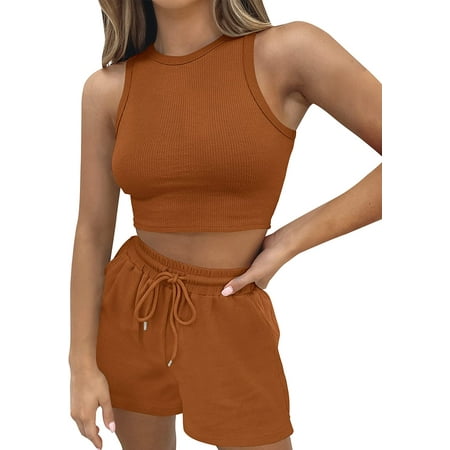 

CHENXINGYGG Women s Waffle Knit Sleeveless Crop Top and Shorts Pullover Tracksuits Sweatsuits Lounge Pajama Set with Pockets