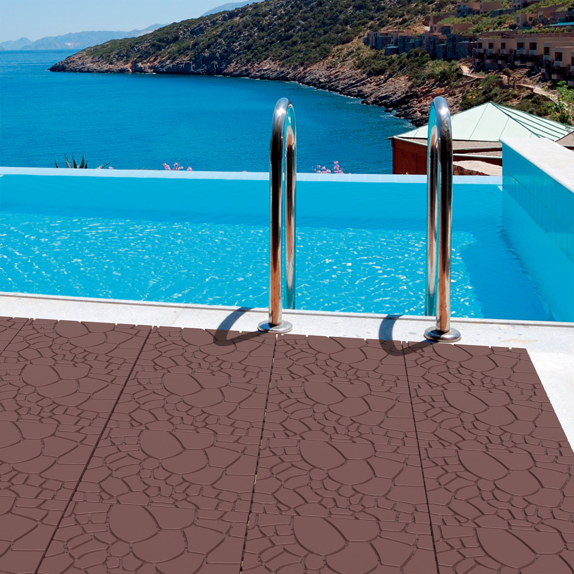 44 PCS Stone Texture 12" Patio Deck Tiles Brown DIY Interlocking Decking Floor Tiles Easy Quick Installation for Porch Poolside Balcony Backyard Indoor Outdoor