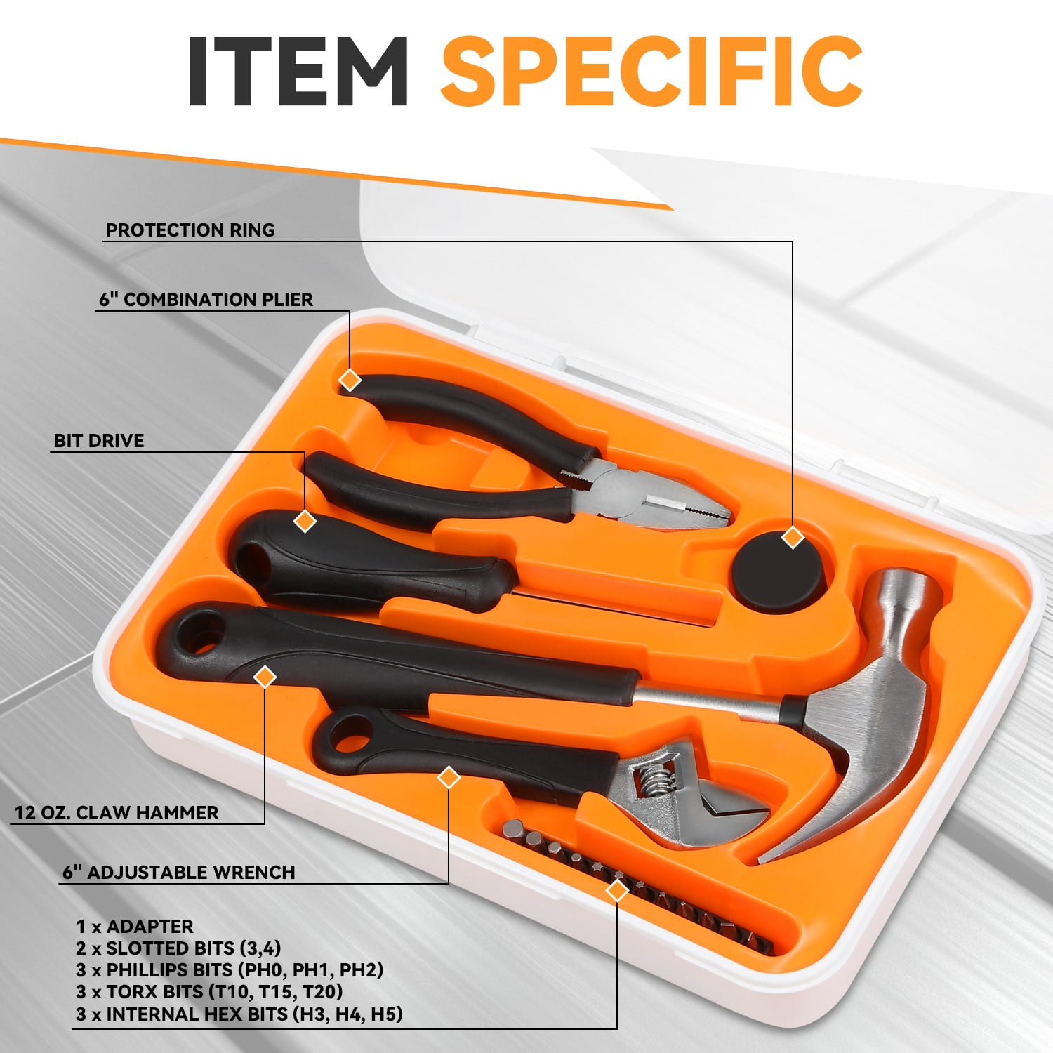 17 Pcs Protable Home Repair Tool Kit 12 Oz Claw Hammer & Adjustable Wrench & Plier & Screwdriver Bit Yellow