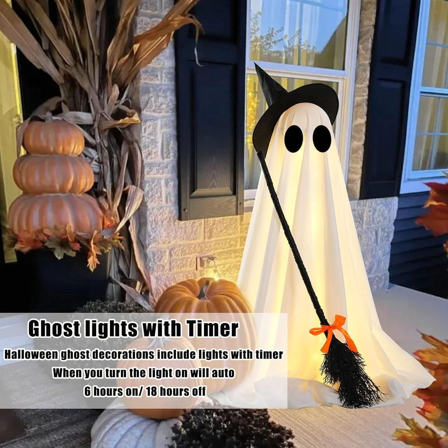 LED Light Up Ghost Decoration with Witch Broom and Timer for Halloween