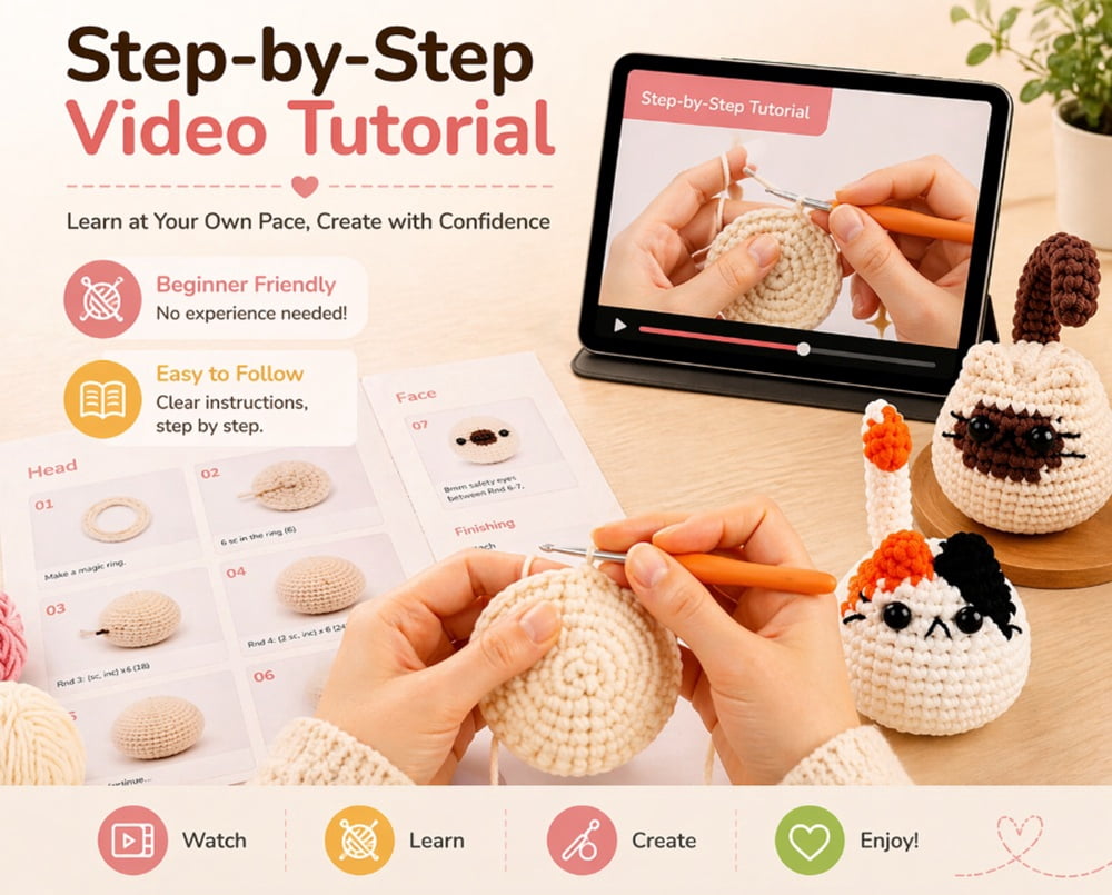 3 Pack Cat Crochet Kit for Beginners, Cat Amigurumi Starter Set with Step by Step Video Tutorials, TIKA
