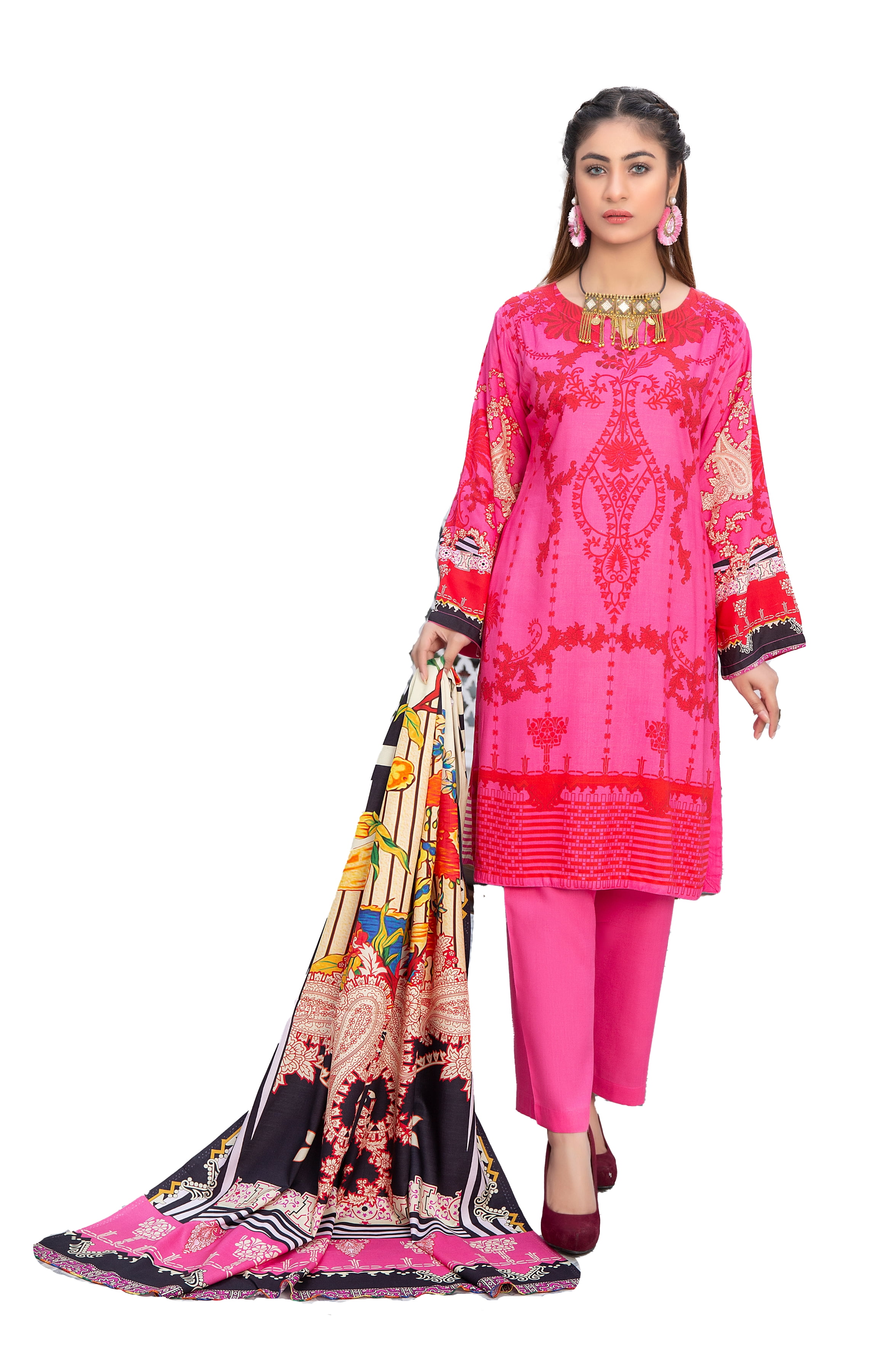 Pakistani Linen Salwar Kameez Indian Dresses for Women Ready to Wear 3 Pieces (Medium, Pink
