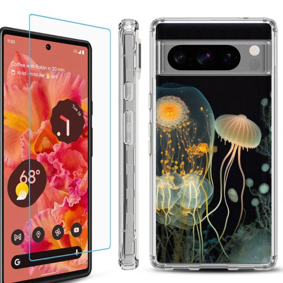 OneToughShield ® Compatible with Google Pixel 8 Pro, Shockproof Phone Case, with Tempered Glass Screen Protector - Jellyfish