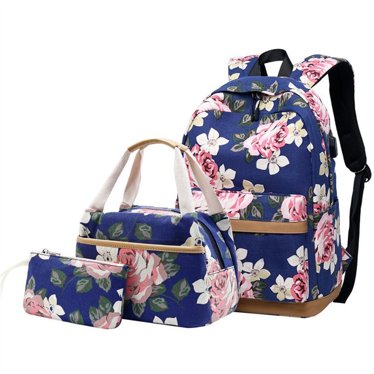 College Backpack Set with USB Charging Port for High School Floral Prints  Backpack with Lunch Bag Pencil Box 