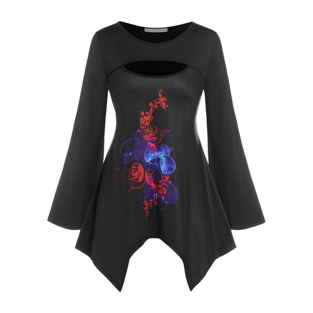 Tamaño de talla grande Pañuelo de impresión floral Tee Rosegal Mangas largas de talla grande