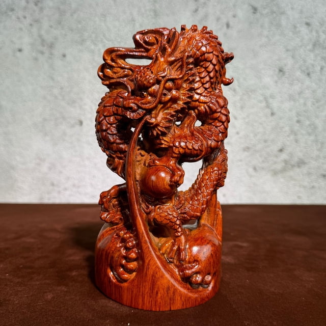 Rosewood carved dragon ornament, wooden three-in-one twelve zodiac animal figurine, wooden dragon for home living room decoration, business opening, housewarming gift.