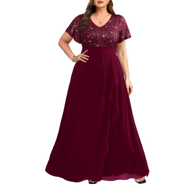Vestido Pinup Fashion de gasa con lentejuelas burdeos y cuello en V, talla grande