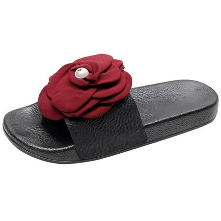 

Women Slippers Summer New Pattern Silk Flower Pearl Decoration Fashion Flat Bottom Comfortable Non Slip Large Size Shoes