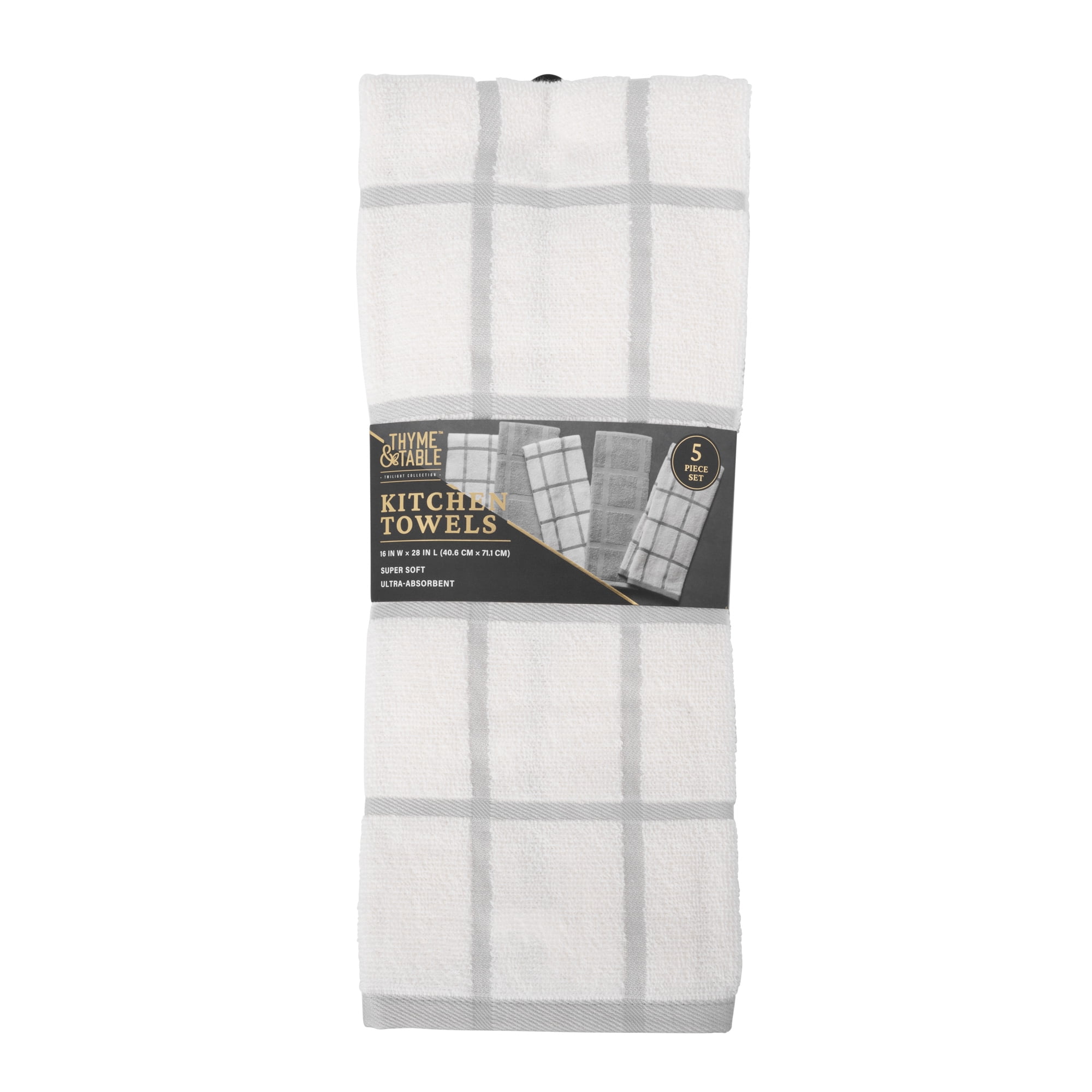 Thyme & Table Kitchen Towels, Gray & White Windowpane, 100% Cotton, 5-Pack Set