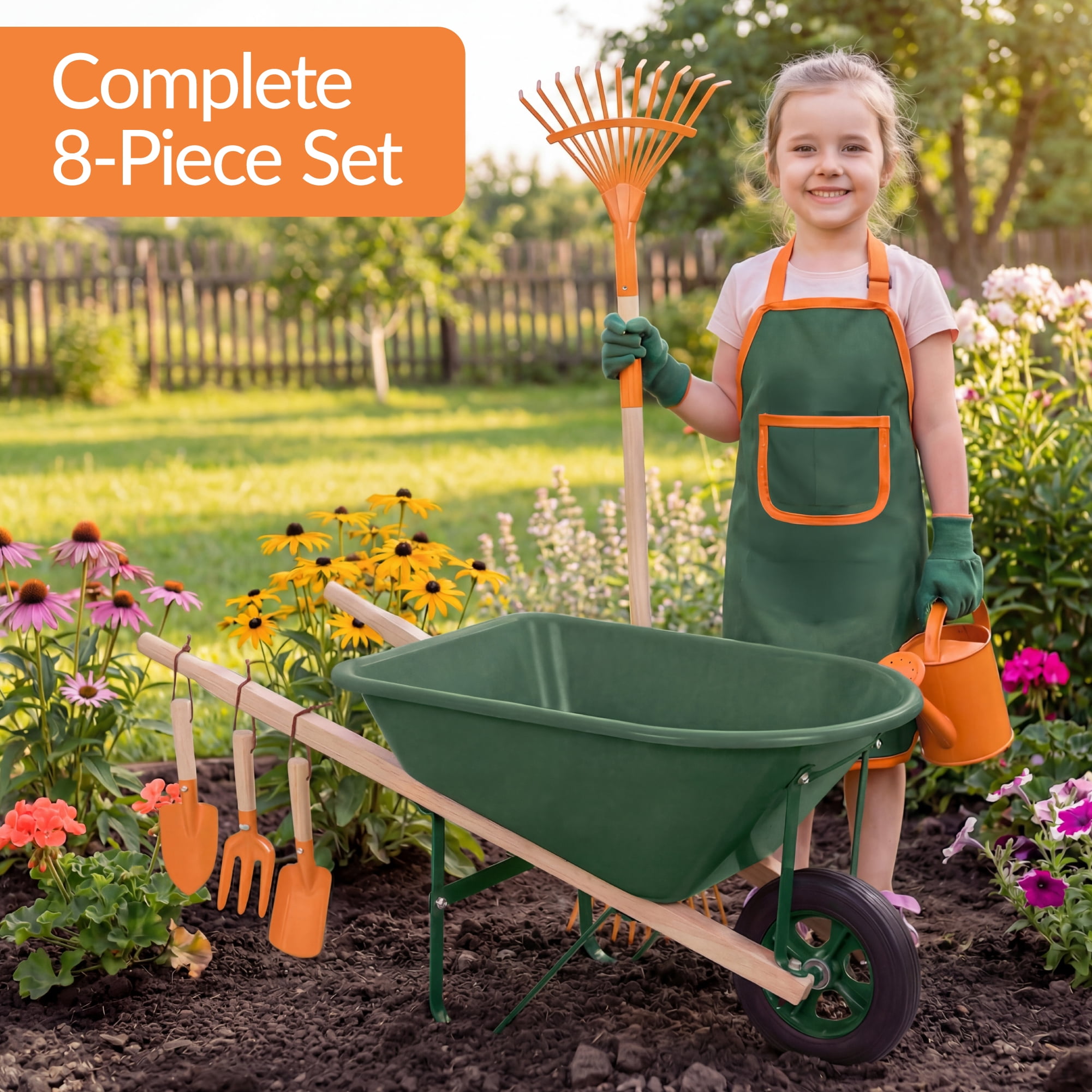 Best Choice Products Kids Wheelbarrow Gardening Tool Set 8 Piece with Metal Tools, Apron, Gloves Ages 3+ - Green/Orange