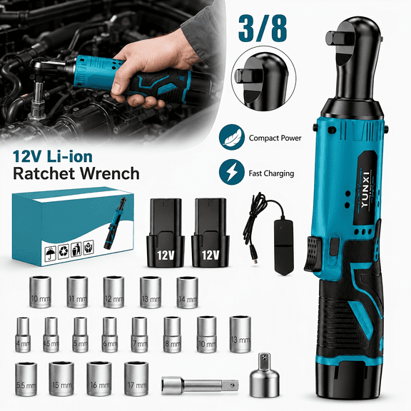 12V Cordless Ratchet Wrench with 2 Batteries and Accessories, Electric Socket Tool for Extended Car Maintenance