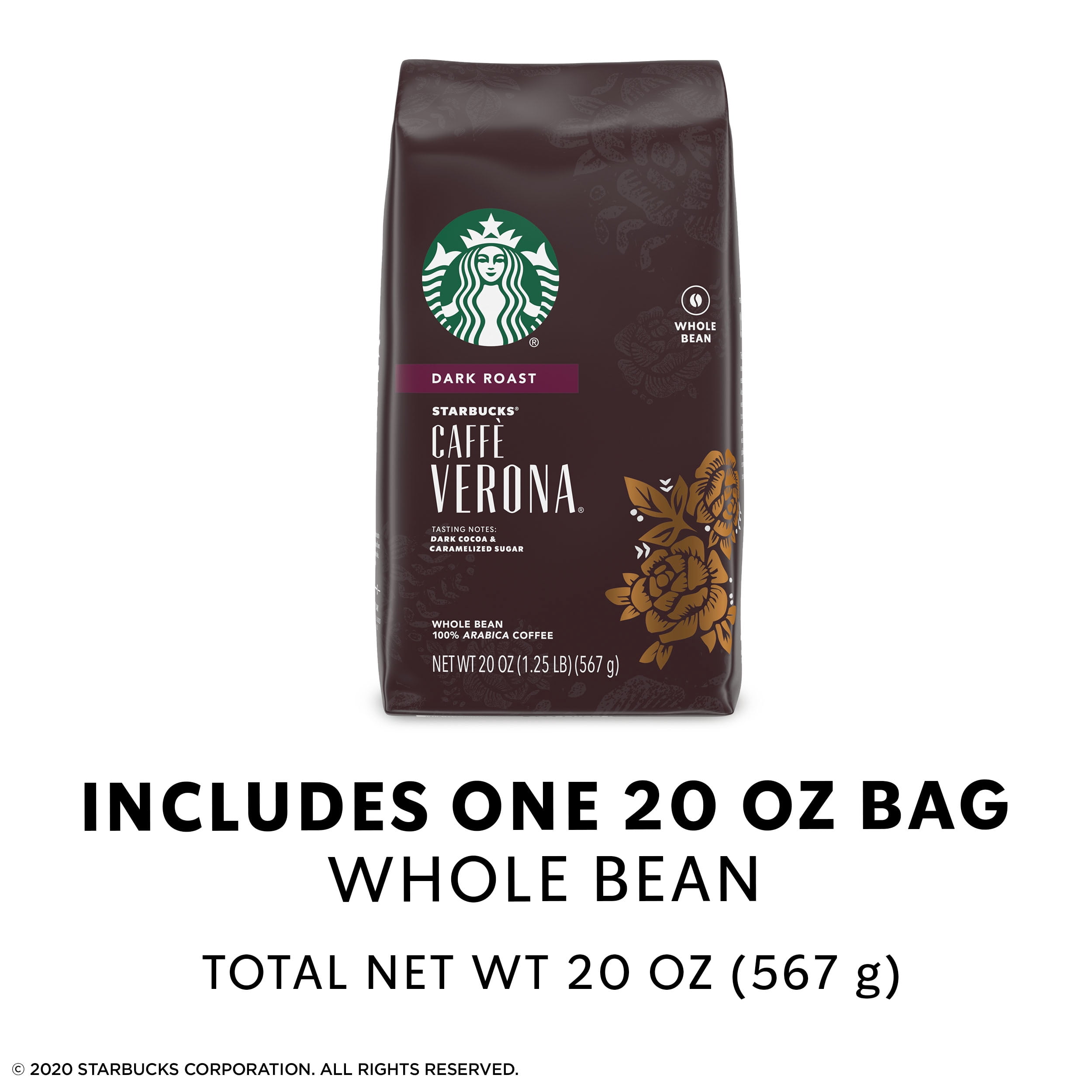 Starbucks 100% Arabica Verona Dark Roast Whole Bean Coffee, 20 Oz, Bag