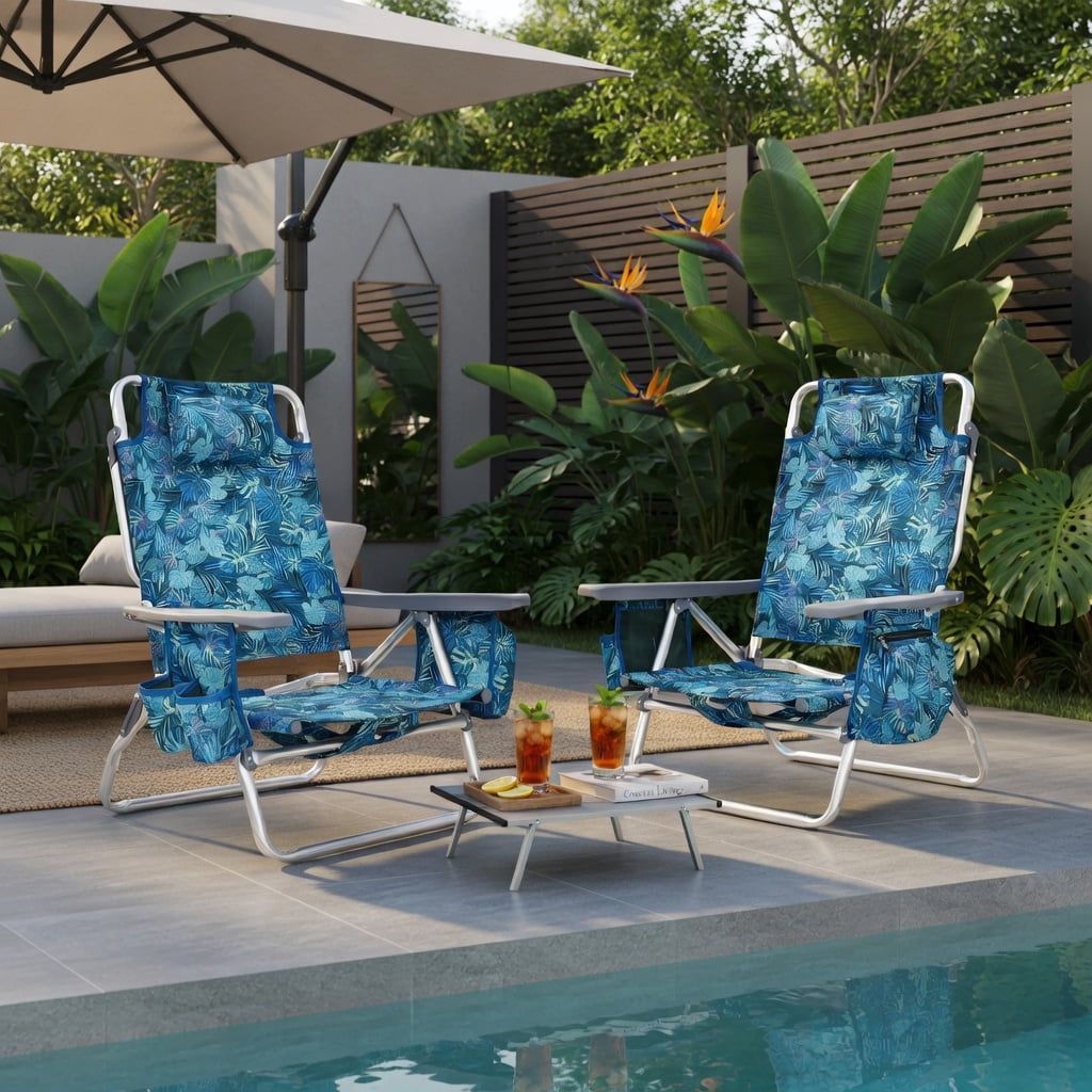 Hommoo 2-Pack Adjustable 5-Position Aluminum Beach Chair Set with Folding Side Table， Lightweight Portable Camping & Outdoor Reclining Chairs, Multicolor