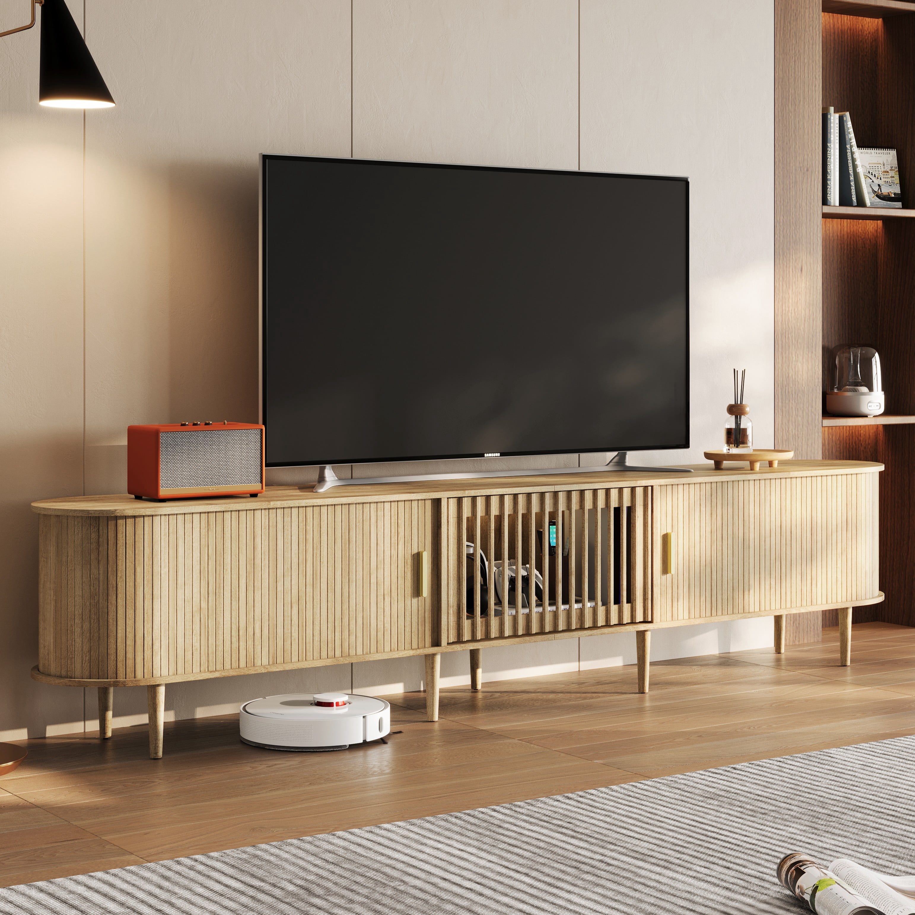CHIC HOUSE 95" Extra Long TV Stand for 80/90/100" TVs with LED Light, Mid-Century Modern Entertainment Center with Storage Shelves & Sliding Tambour Door, Oak