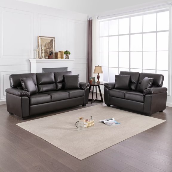 Contemporary PU Leather Couch Set for Living Room or Office, Sofa and Loveseat Chocolate-Fortmok