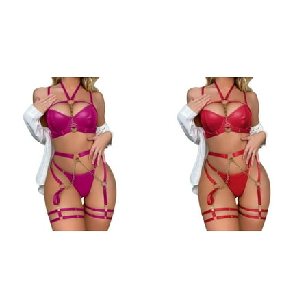 2-Pack Women s Lingerie Three Piece Underwear Chain Neck Waist Seal Heavy Craft Lingerie Vintage Satin Nightie Vintage Silk Lingerie Suspender Stockings for Women Lingerie Lingerie for Women
