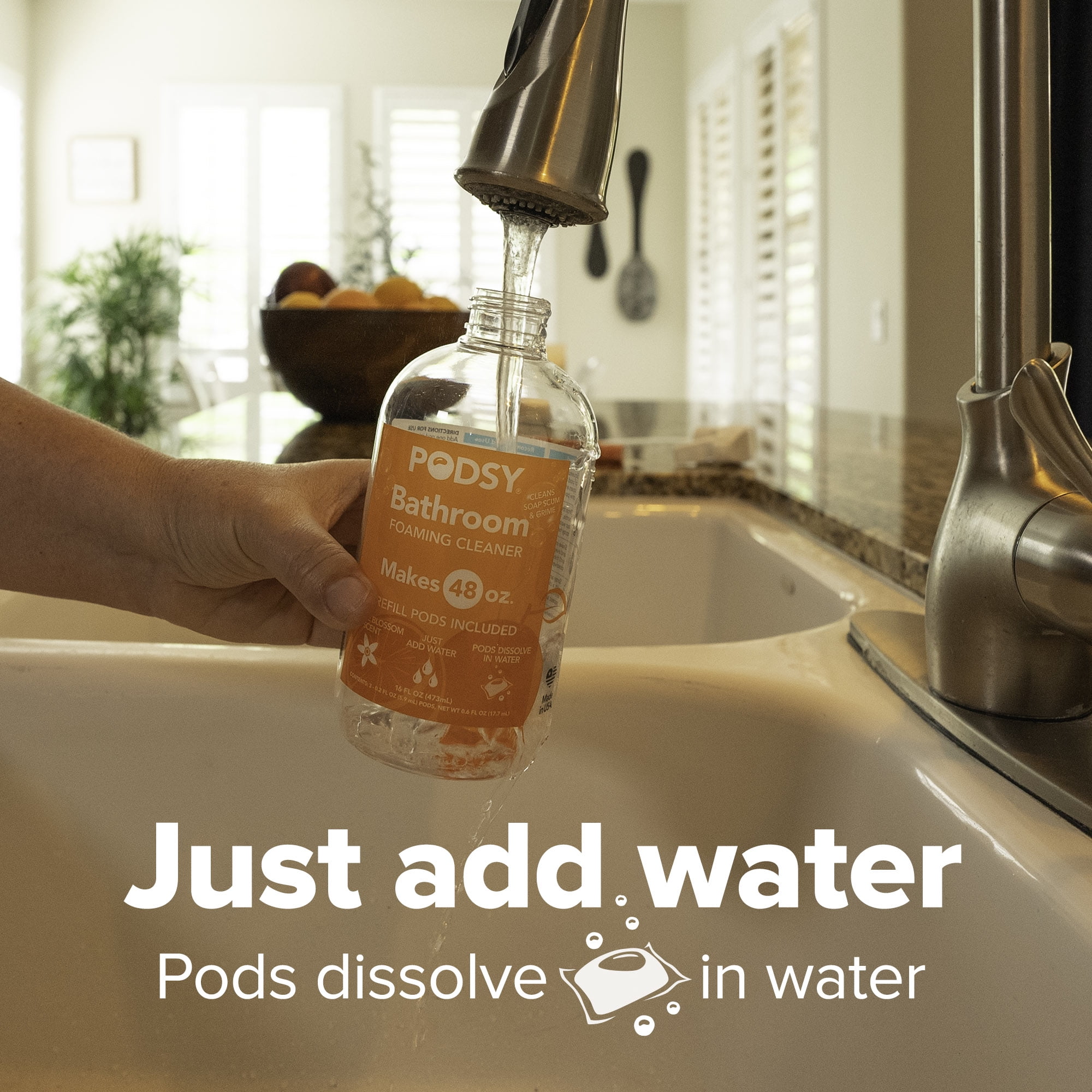 Podsy Bathroom Cleaning Set, Orange Blossom Scent, 16 fl oz Bottle and 3 Refill Pods Make 48oz, Just Add Water