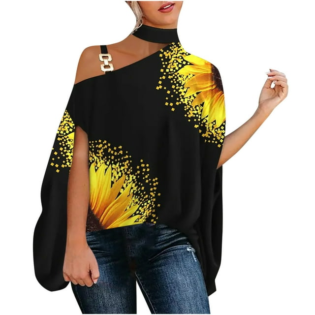 Pompotops Women Casual Half Batwing Sleeve Halter Neck Off Shoulder Printed And Solid Loose Pullover Blouse Tops