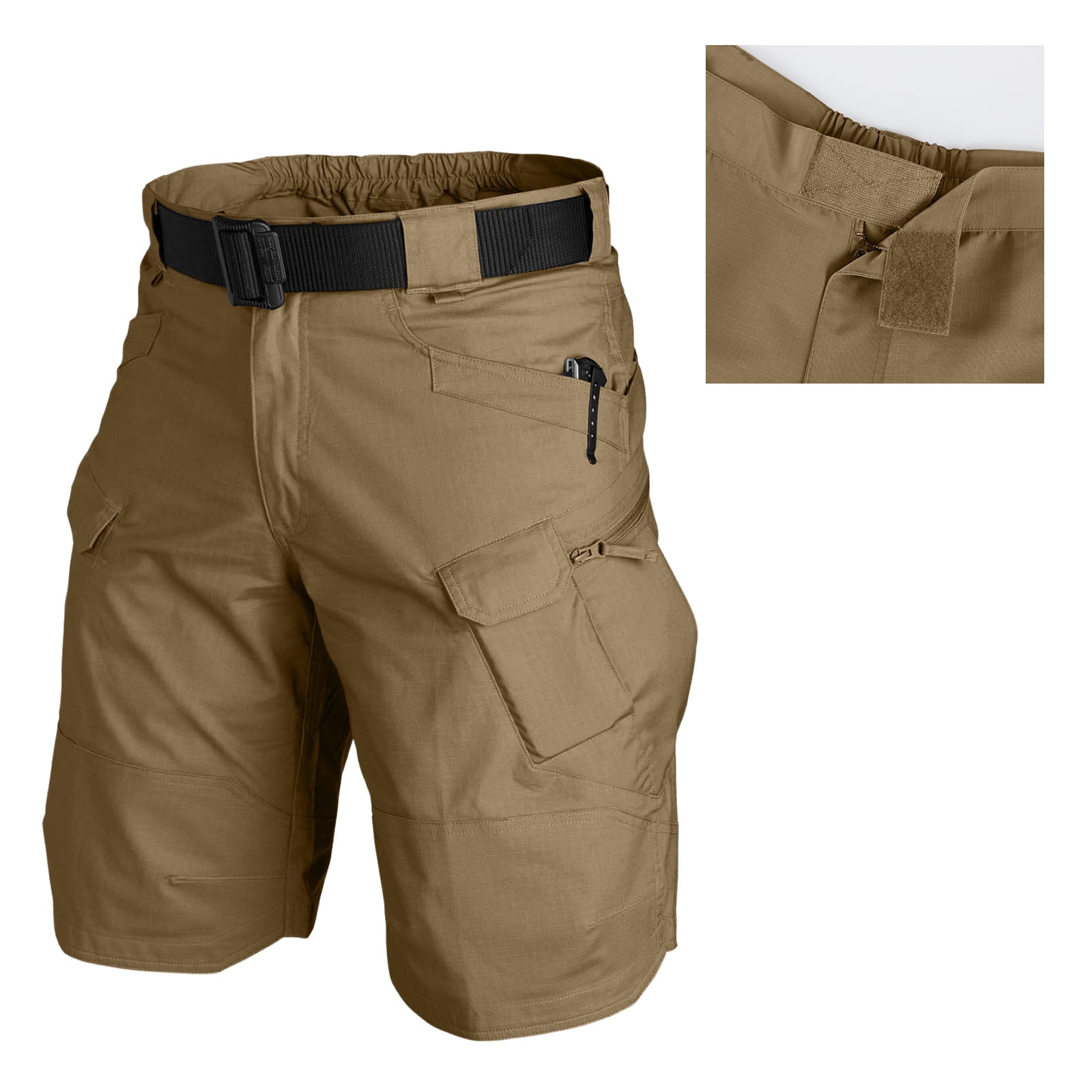 Mens Swim Trunks Men's Casual Resort Tactical Multi-Pocket Cargo Shorts Workwear Utility Crop Pants with Hook and Loop Patches Summer Outdoor Hiking Fishing Shorts Brown 4XL