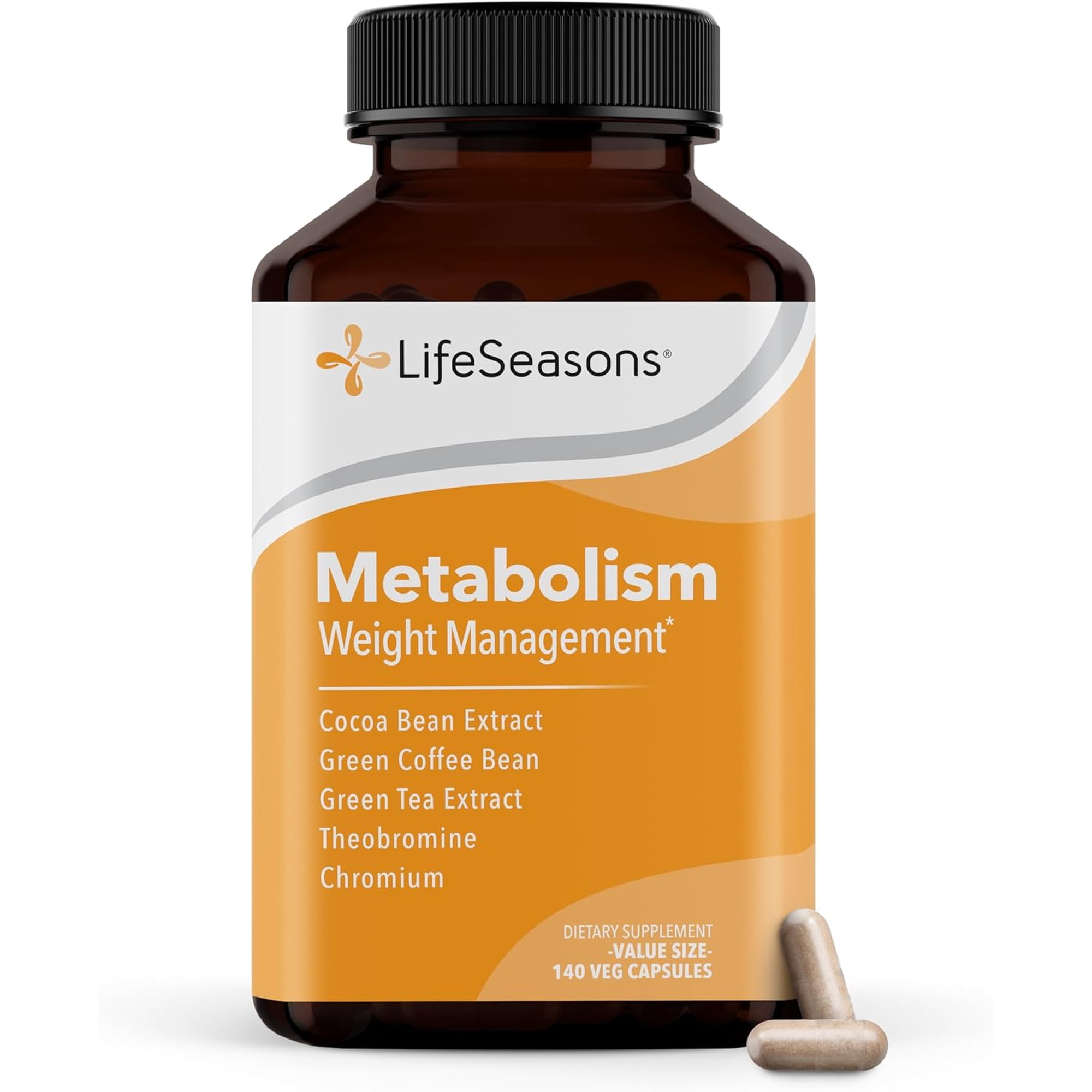 LifeSeasons Metabolism - Weight Control Support & Energy Boosting Supplement - Natural Appetite Suppressant - Curbs Cravings - Green Tea, Coffee Bean, Chromium, Cacao & Theobromine - 140 Capsules