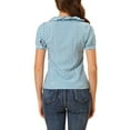 thumbnail image 3 of INSPIRE CHIC Women's Blouses Peter Pan Collar Puff Short Sleeves Ruffle Plaid Shirt Tops XS Blue, 3 of 7