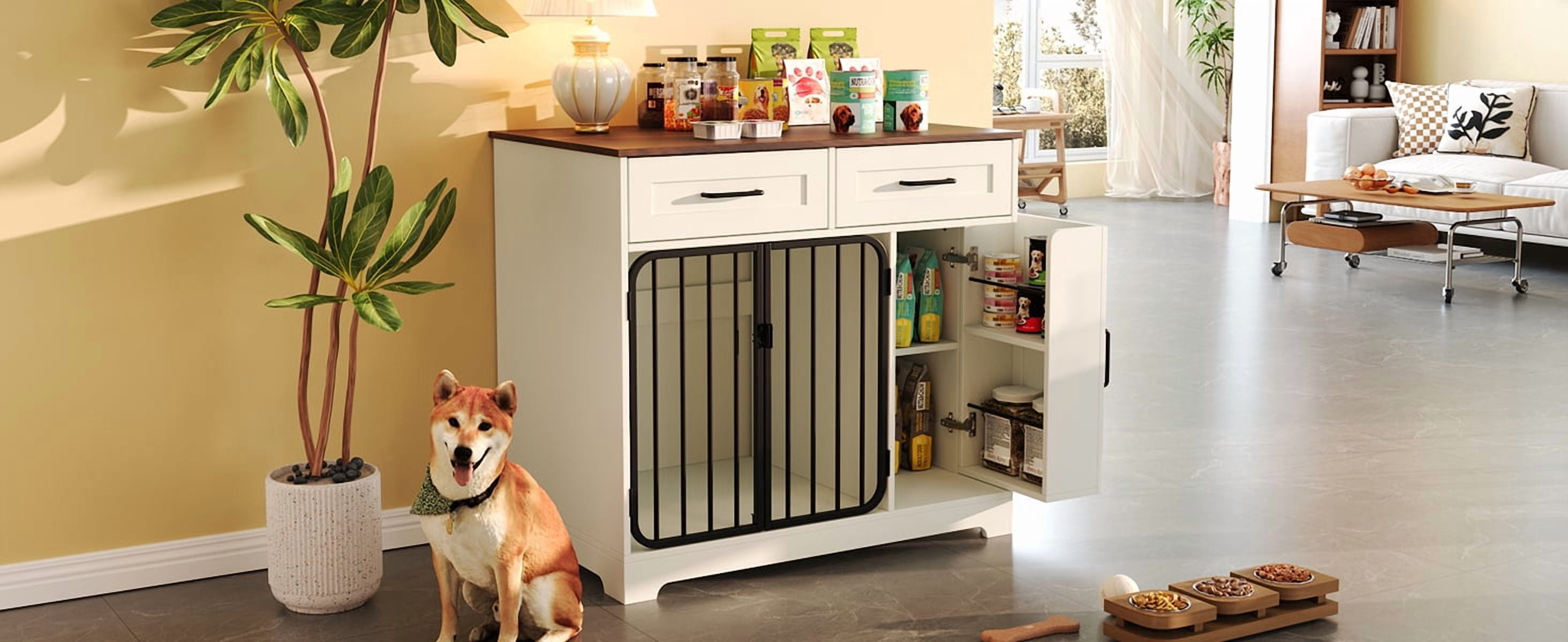 Euroco 2-in-1 Dog Crate Furniture with Storage Drawers and Cabinet, Chew-Resistant Indoor Dog Kennel with Double Locks, White & Brown Pet Crate Table