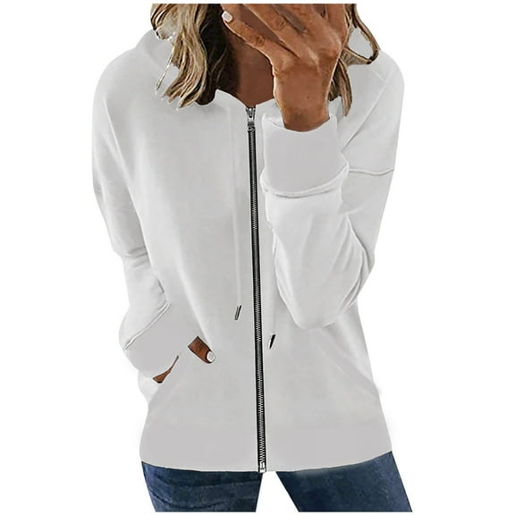 Womens Zip up Hoodies Drawstring Long Sleeve Solid Casual Comfy Loose Hooded Sweatshirts Tops Coat with Pockets