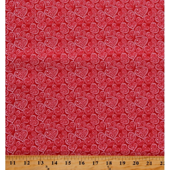 Cotton Hearts Valentine's Day Love Red Ornamental Motifs Cotton Fabric Print by the Yard (112605)