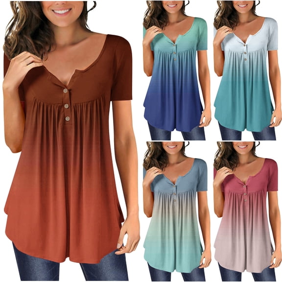 Jacenvly new ladies plus size tops tunic clearance Loose Women Gradient Printed Buttons Short Sleeve T-shirt soft Satiny Multicolor Ruffle Trim Flouncev neck t shirts summer clothes for women Blue
