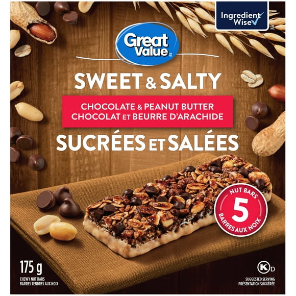 Great Value Sweet & Salty Chocolate & Peanut Butter Chewy Nut Bars, 175 g, 5 Nut Bars