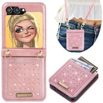 for Samsung Galaxy Z Flip5 Crossbody Wallet Case for Women, Bling Glitter PU Leather Phone Case with RFID Blocking Card Holder Cover for Samsung Galaxy Z Flip 5 SZ Rose Gold