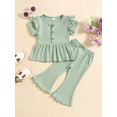 thumbnail image 2 of Bslissey Toddler Little Girls Solid Color 2Pcs Outfits Flying Sleeve A-line Button Tops + Elastic Band Flared Pants 12M-5T Kids Summer Casual Long Pants Sets, 2 of 9