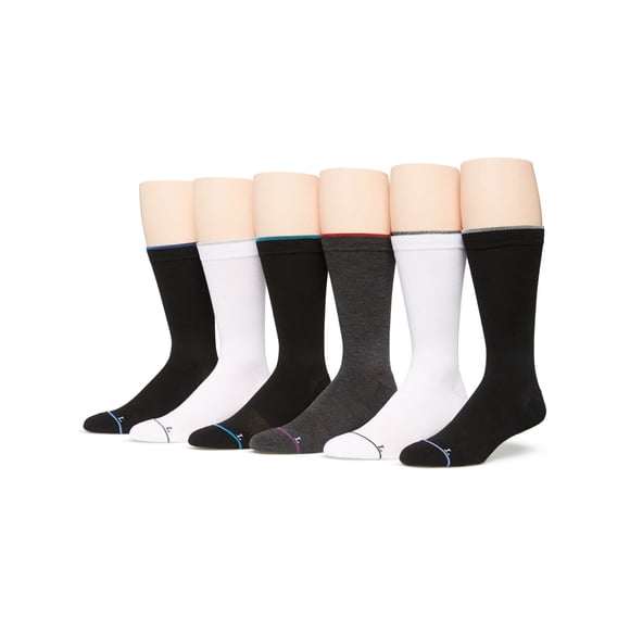 Perry Ellis Mens 6 Pack Black Assorted Contoured Toe Smooth Seam Arch Support Dress Crew Socks 7-12