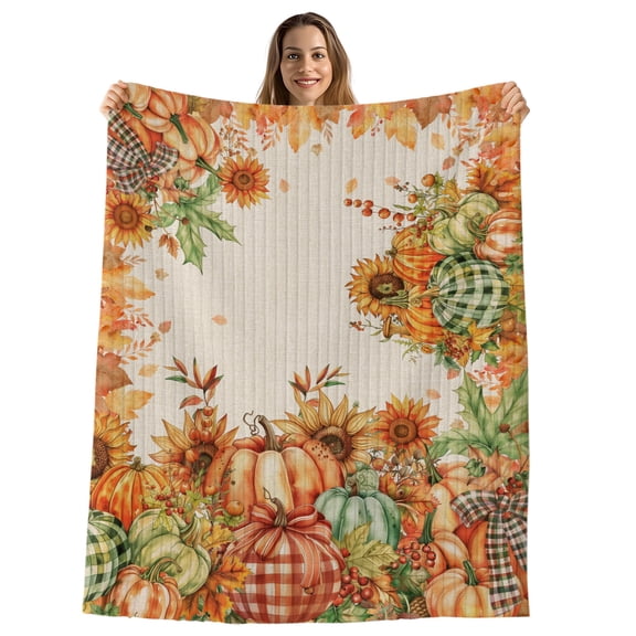 Orange Pumpkins Fall Thanksgiving Throw Blanket, Flannel Fleece Blanket with Striped Design for Couch, Maple Leaf Rustic Soft Breathable All Season Plush Blankets for Sofa Office Bed 50"x60"