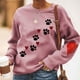 thumbnail image 3 of Top de mujer, moda holgada, cuello redondo, manga larga, poliéster, suave, transpirable, lavable a máquina, ropa rosa roja (estampado de pata de perro negro) L, 3 of 5