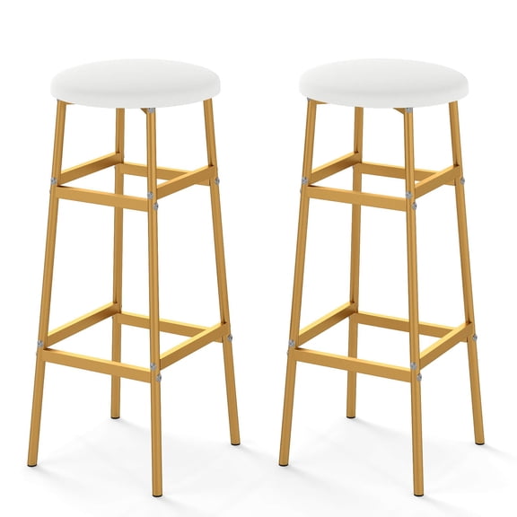 LYYHTY Bar Stools Set of 2, 29" Bar Height Stools with Metal Frame, Linen Upholstered Seat, Backless Breakfast Chairs with Footrest for Kitchen Island & Home Bar, Golden & White