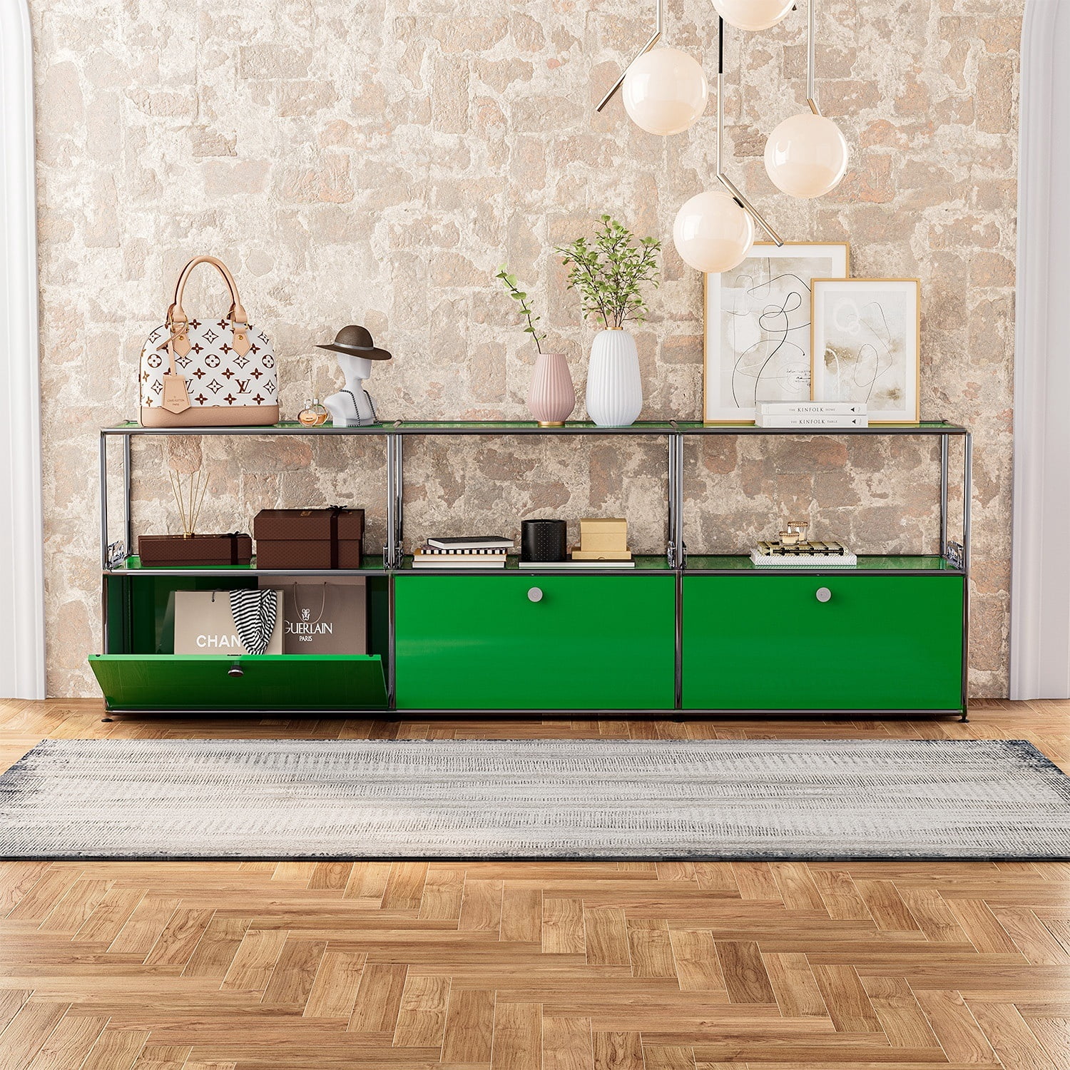 Modern TV Stand for 65-70" TV, Metal Entertainment Center TV Media Console Table with 3 Doors and Shelf, Green