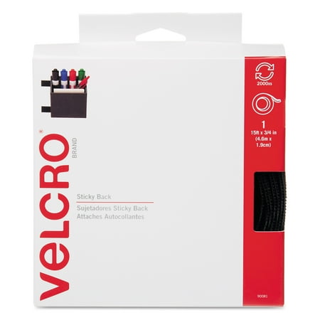 Velcro Sticky-Back Hook & Loop Fasteners w/Dispenser, 3/4" x 15ft Roll, Black -VEK90081