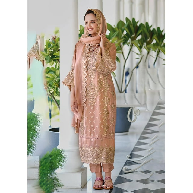 Pastel Peach Organza Embroidered Salwar Suit | Pakistani Pant Style Wedding Outfit – Size L