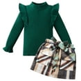 thumbnail image 6 of Toddler Girl 2Pcs Outfits Set Solid Ruffle Long Sleeve Ribbed T-Shirt Knit Tops Plaid Button Skirts Set Spring Fall Winter Clothes Kid 2-7 Years, 6 of 9