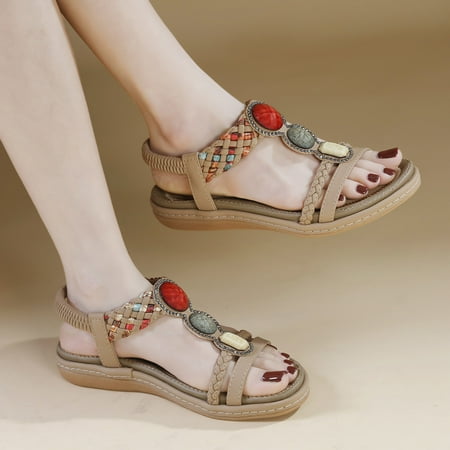 

Bohemian Sandals Clearance Open Toe Elastic Strappy Summer Beach Low Wedges Shoes Retro Leather Roman Garden Walking Shoes Soft Flat Feet Heel Pain Relief Orthotic Sliders