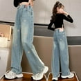 thumbnail image 2 of Gibobby Girls Jeans Denim Elastic High Waisted Wide Leg Baggy Cargo Pants with Pockets Girls High-Waisted Jeans with Adjustable Waistband(Blue,5-6 Years), 2 of 9