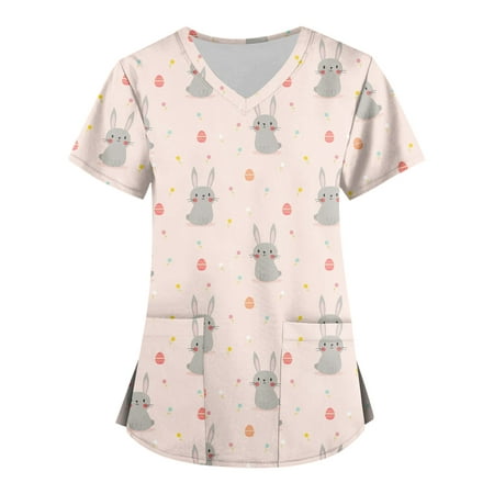 

XHJUN Long Sleeve Scrub Tops Women Easter 2025 Women s Funny Bunny Scrub Nurse Workwear Comfy Shirt Blouses Clothing Pink XL